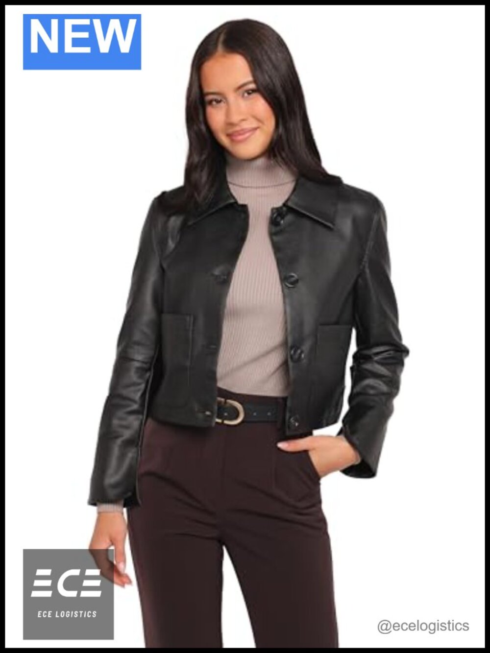 Faux Leather Crop Jacket Spread Collar Button Front Bell Sleeve